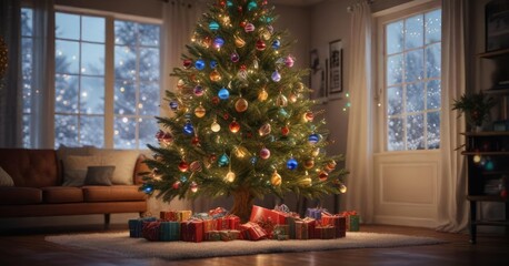 A stunning Christmas tree with colorful lights and ornaments, holiday cheer , christmas tree