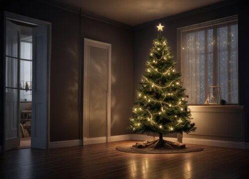A stunning Christmas tree in a dark room illuminated only by fairy lights, mysterious environment, ethereal glow