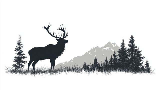 Silhouette of a majestic elk standing proudly amidst towering pines with mountains in the background at dusk