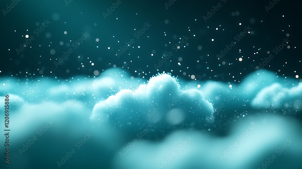 Poster soft ethereal clouds with a dreamy teal background and sparkling particles in a mystical atmosphere