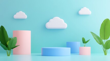 Soft Clouds and Green Plants in a Modern Minimalist Scene with Pastel Colored Geometric Shapes