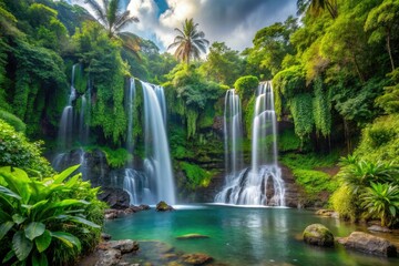 Naklejka premium A stunning waterfall scene showcasing cascading waterfalls surrounded by lush greenery and tropical plants, forest, tropical, scenery, foliage
