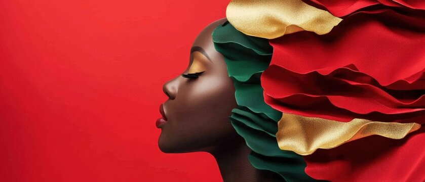 Black History Month Culture Celebration. Vibrant portrait of a woman with colorful headwrap against a red background.