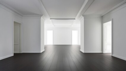 Perspective of white empty room and dark laminate floor,classic interior style.blank space architecture