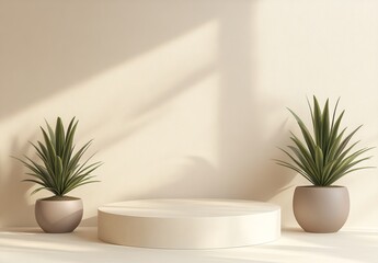 Fototapeta premium Minimalist beige podium with plants.
