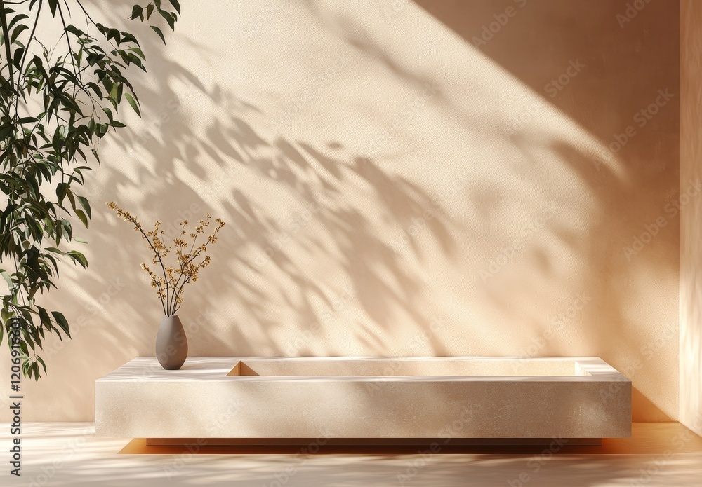 Wall mural Minimalist beige interior with plants and sunlight shadows.