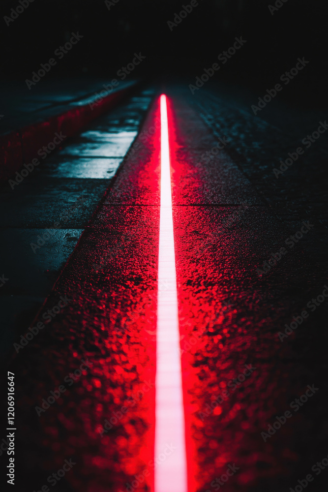 Poster striking red light effect running in a straight line on a dark pavement background