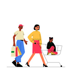 Family Shopping With Mother Pushing Cart And Father Holding Bags In Flat Vector Illustration Symbolizing Family Bond, Shopping, And Togetherness, Isolated On White Background