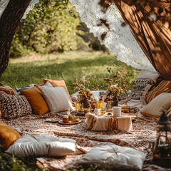 Bohemian Picnic in the Sun-Drenched Grove: A cozy and enchanting bohemian-style picnic unfolds beneath the shade of a tree, surrounded by nature's beauty. Soft sunlight filters through the leaves.