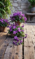 A tranquil purple flower arrangement on a weathered wooden table sits atop a stone terrace , earthy, view