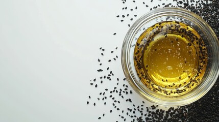104.Close-up view of black sesame seeds artistically arranged around a transparent glass bowl containing freshly pressed sesame oil, with a clean white backdrop highlighting the glossy surface of the