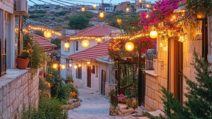 Fototapeta premium Enchanted Evening in a Hilltop Village: A Picturesque Street Lit by Fairy Lights