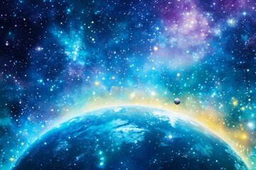 Obraz premium A colorful representation of Earth and its connection to the cosmos, with orbiting satellites and a galaxy in the background. Generative AI