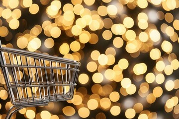 Shopping cart filled with discount items, bold deal signs in background, [holiday savings], [retail promotion],