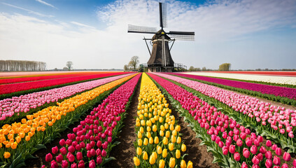  A breathtaking vista of tulips cascading toward a classic Dutch windmill