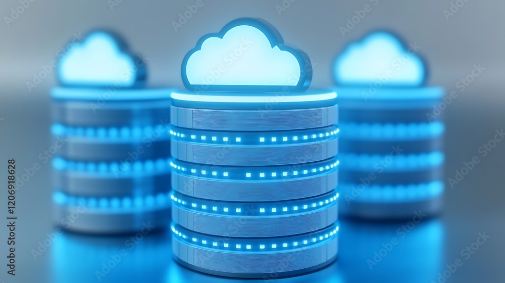 Poster three modern data storage systems with cloud symbols in a futuristic digital environment