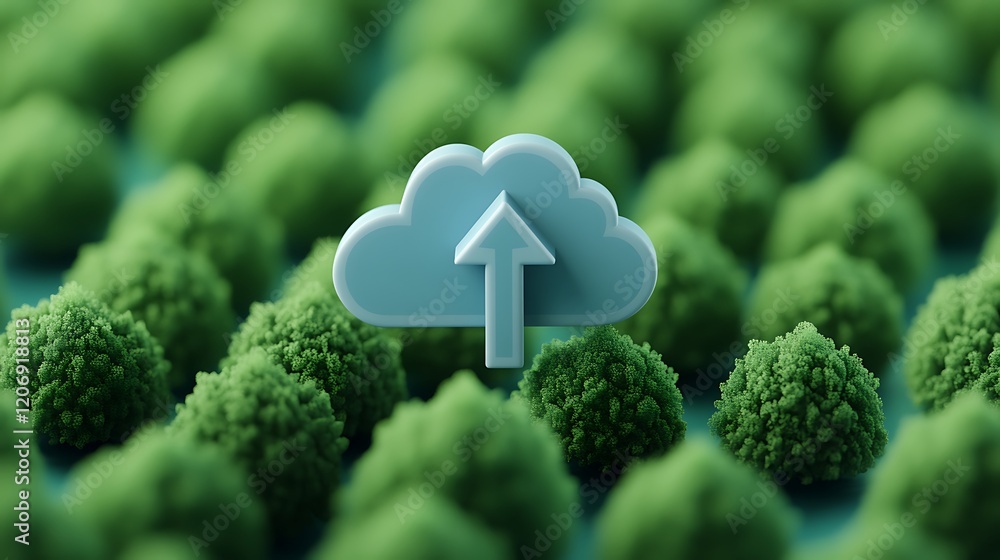 Poster upload data cloud symbol surrounded by green plant-like structures in a conceptual technology landsc