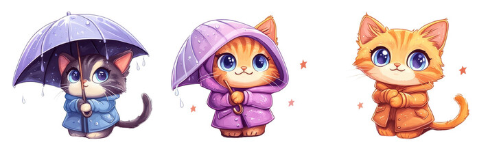 Rainy Day Kitty Crew: Three adorable cartoon kitties huddle together under umbrellas, each sporting a different color raincoat.