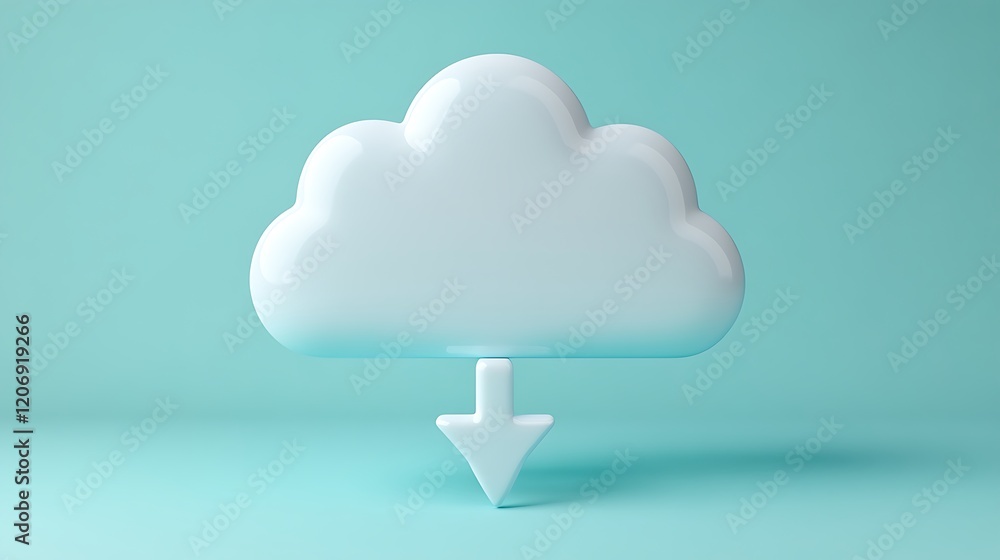 Poster white 3d cloud shape with download arrow on soft blue background for technology and data storage con