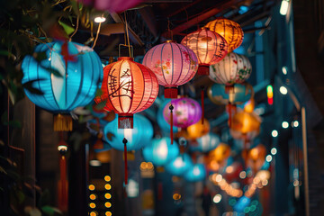 Naklejka premium Beautiful holiday composition for happy celebrate chinese festival of lanterns, abstract vivid composition consists of fictional unreal fantastic vision on background