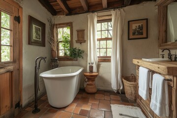 Rustic Bathroom Interior With Freestanding Tub And Wooden Accents
