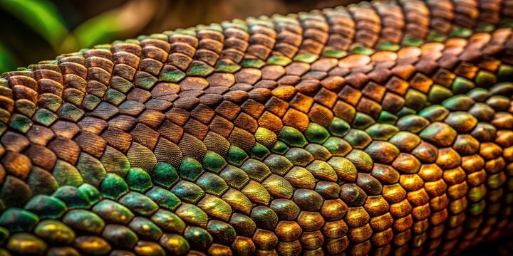 Scaly reptile skin texture with brown and green patterns on a dark background, forest, natural ,  forest