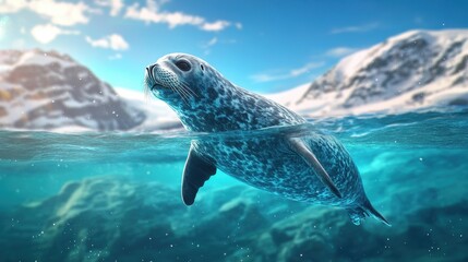 Fototapeta premium A serene seal swimming gracefully in crystal-clear waters near snowy mountains.