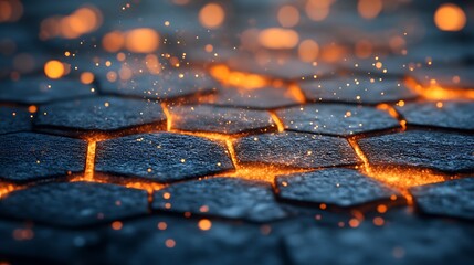 Glowing Hexagonal Stone Surface With Sparks