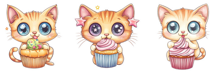 Fototapeta premium Adorable Kitten Trio: Three adorable kittens with big, sparkling eyes indulge in sweet treats, each enjoying a different colorful cupcake. The image captures their playful charm and innocent delight.