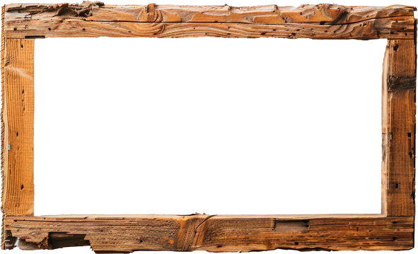 old wooden frame. Vintage rectangular picture frame with empty space in the center, isolated on a transparent or white background, PNG