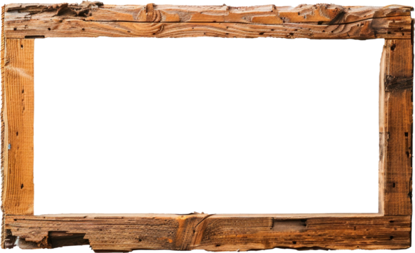 old wooden frame. Vintage rectangular picture frame with empty space in the center, isolated on a transparent or white background, PNG