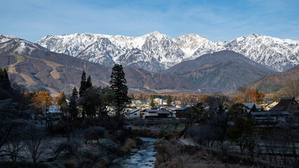快晴の空と冠雪の北アルプス　長野県