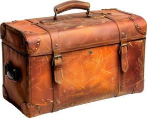 Old worn brown leather suitcase, box for things with locks isolated on transparent background png. Design element