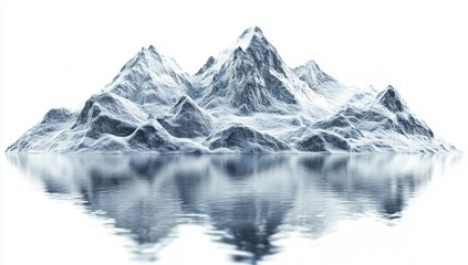 Obraz premium Snow-capped mountain range reflected in calm water, isolated on white background.