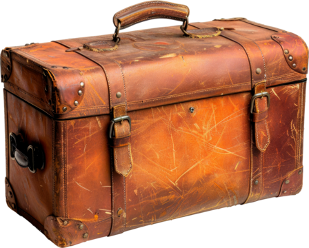 Old worn brown leather suitcase, box for things with locks isolated on transparent background png. Design element