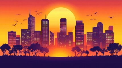 Fototapeta premium Stunning Sunset Over City Skyline with Silhouetted Buildings and Trees, Capturing the Transition from Day to Night in Vibrant Colors
