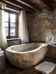 Stone bathtub in rustic mountain cabin bathroom