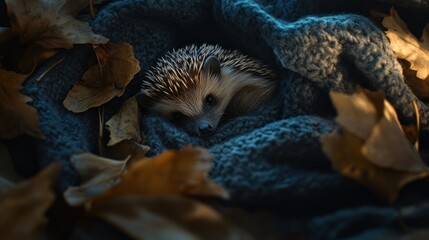 Obraz premium Hedgehog Napping in Autumn Leaves