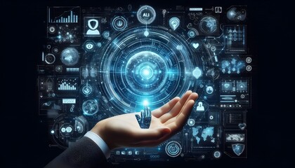 Obraz premium Technology artificial intelligence digital ai hand concept on cyber future business tech science innovation futuristic network strategy background virtual data communication learning assistant search.
