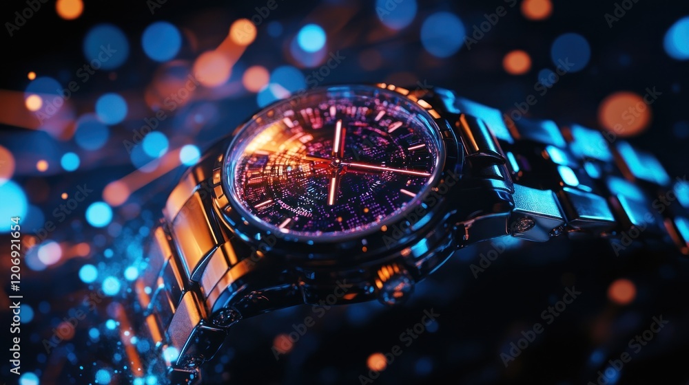 Poster futuristic watch with digital display and glowing bokeh on dark background