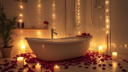 Romantic Bathtub with Rose Petals and Candles for a Relaxing Night Bath