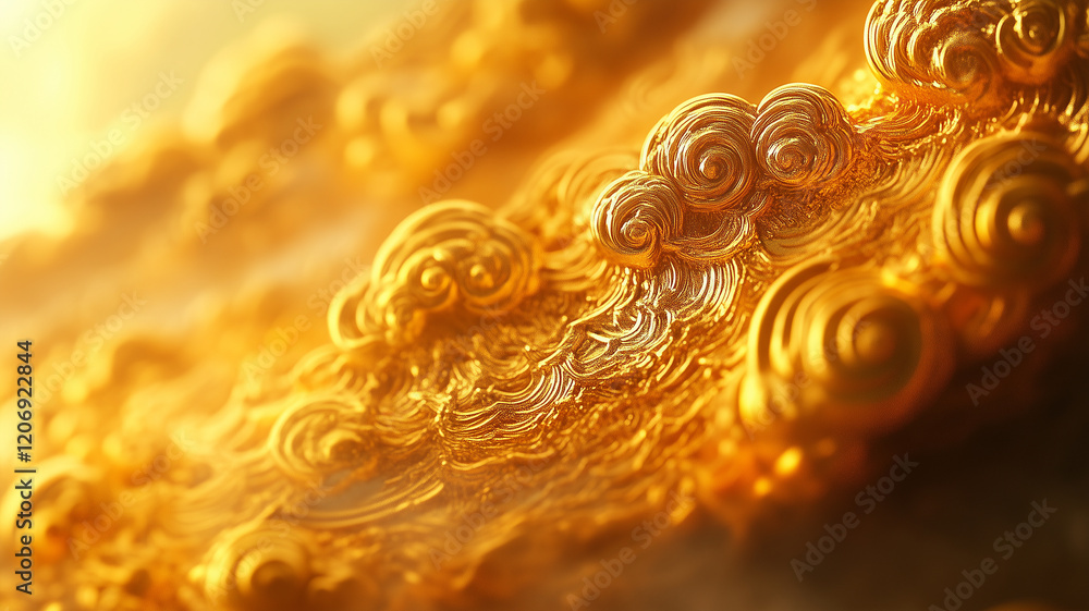 Poster golden clouds with intricate swirls and details create stunning visual. shimmering texture and warm 