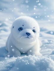 Obraz premium Adorable seal with frosty whiskers playing in snow, whiskers, frosty, playful