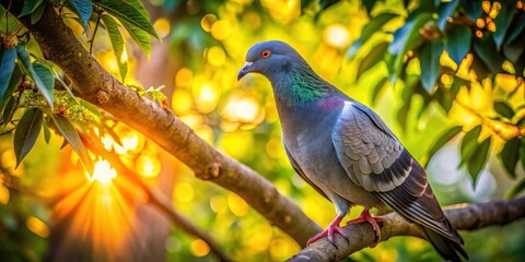 Obraz premium Pigeon roosting in a tree canopy at dusk with golden light filtering through the leaves
