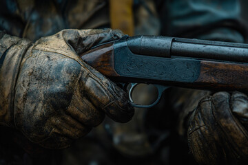 Man gripping gun tightly, eyes focused ahead, stands determinedly. Background of dimly lit alley enhances tense atmosphere.