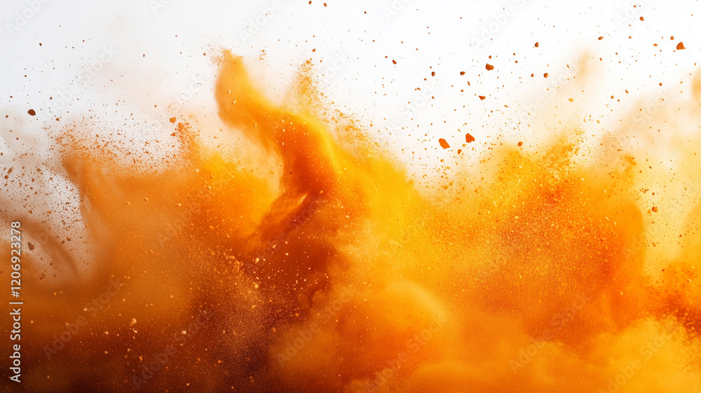 Poster vibrant orange powder explosion creating dynamic and energetic texture, showcasing fine particles an