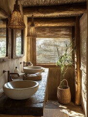 Fototapeta premium Rustic Bathroom Vanity With Stone Sinks And Woven Accents