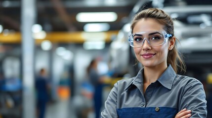 Mechanic inspecting the underside of a car on a hydraulic lift in an auto repair shop (Industry)