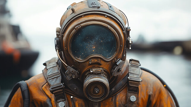 a man wearing a diving suit and a gas mask