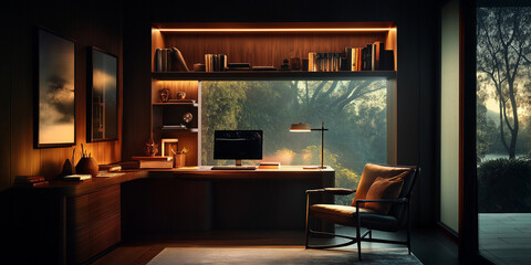 Hybrid model remote work office environment in serene setting inviting workspace design calm atmosphere